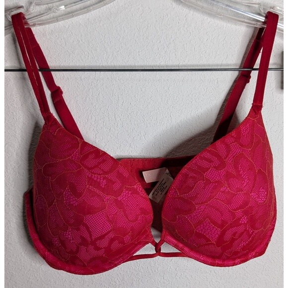Victorias Secret Bra Womens 34D Red Pink Lace Plunge Underwire Push Up (451) - Picture 1 of 3